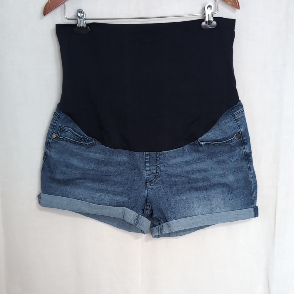 Time and Tru Blue Cuffed Jean Shorts Large Elastic Belly Band Maternity Size L